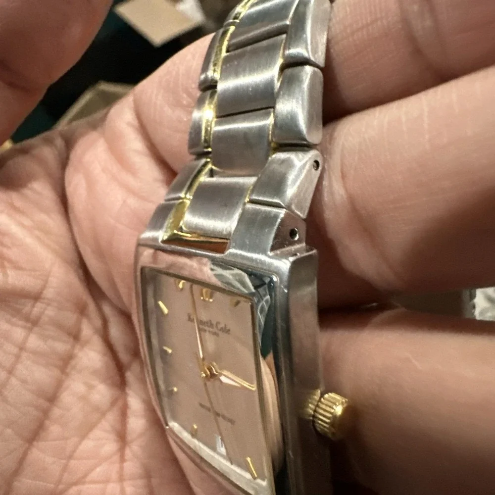 Working Kenneth Cole Square Men's Watch All Steel Two Tone Date 32.5mm 8in
